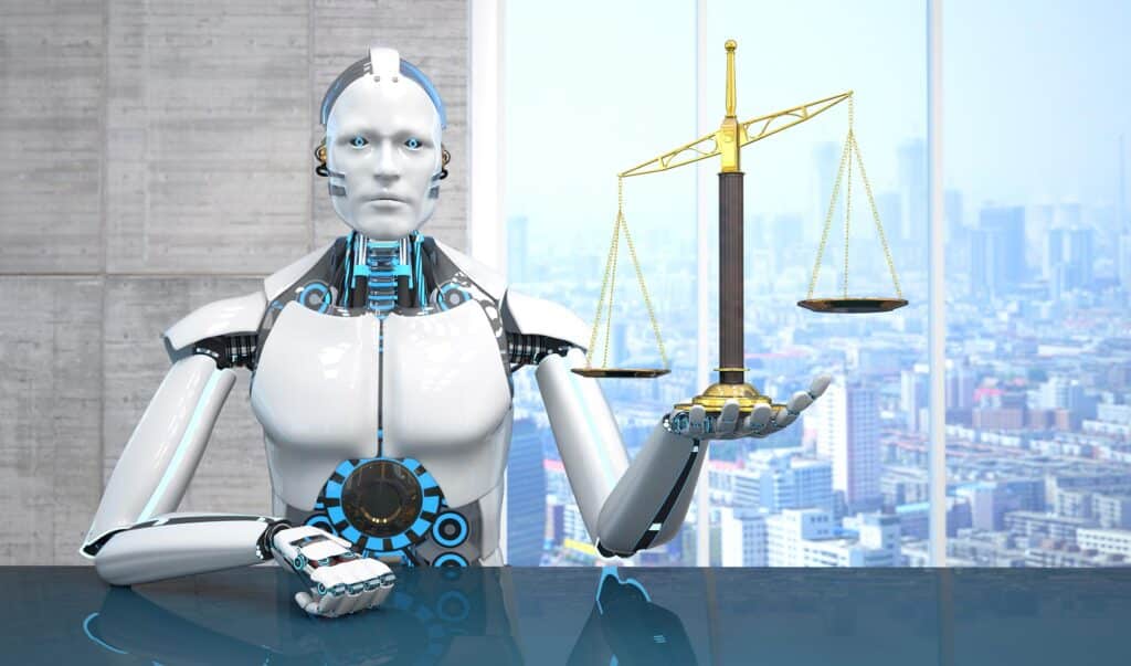Futuristic humanoid robot with blue accents holds a balance scale against a city skyline outside a modern office window.