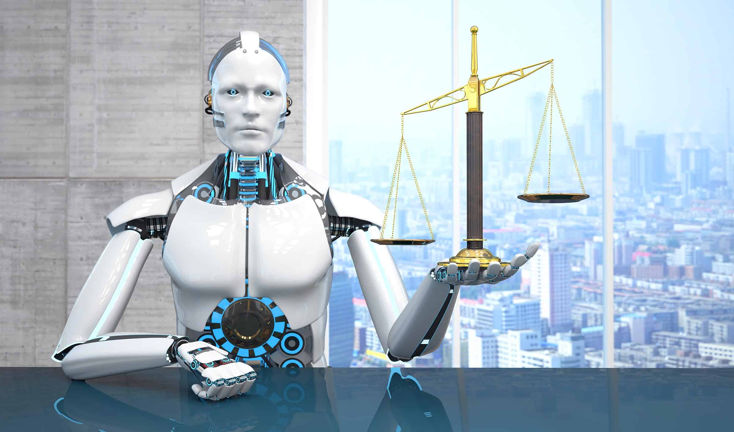 Futuristic humanoid robot with blue accents holds a balance scale against a city skyline outside a modern office window.