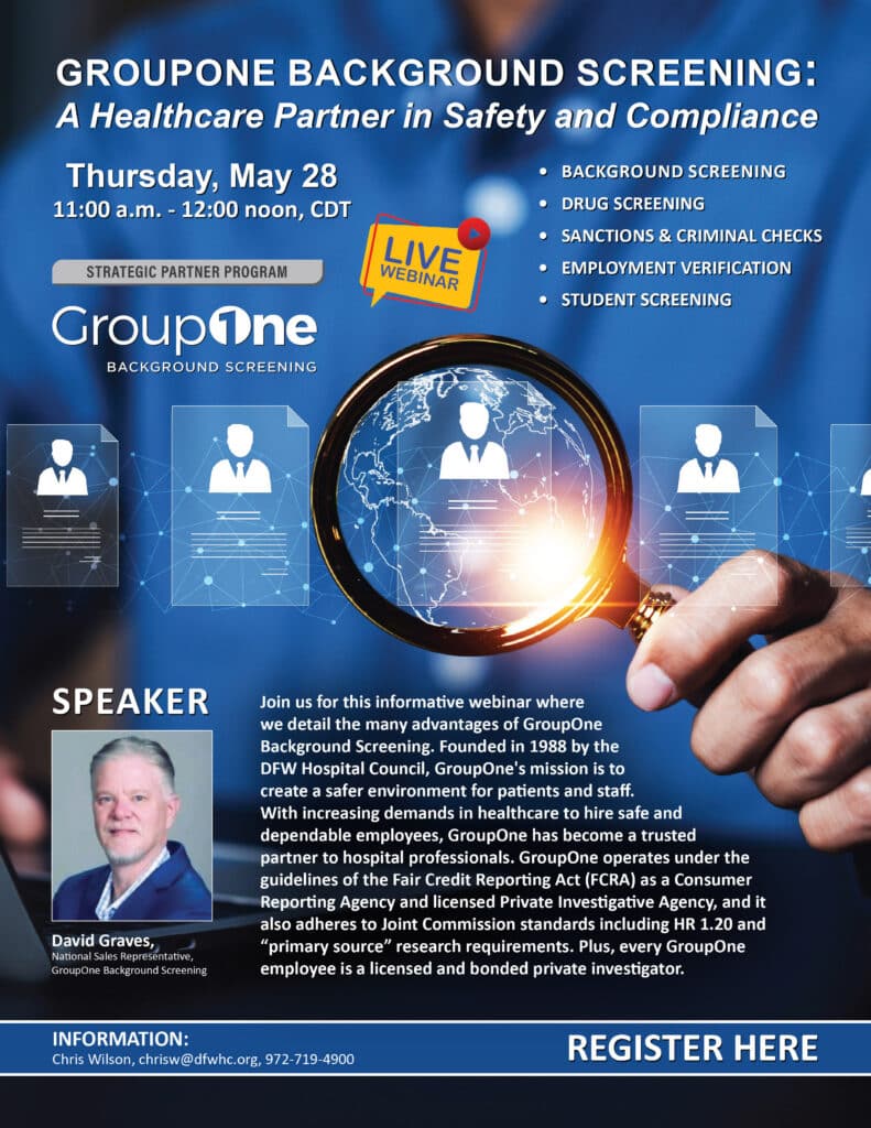 Blue promotional poster for a GroupOne background screening webinar, featuring a magnifying glass over a globe, a 'LIVE WEBINAR' badge, and speaker photos with 'REGISTER HERE' section.