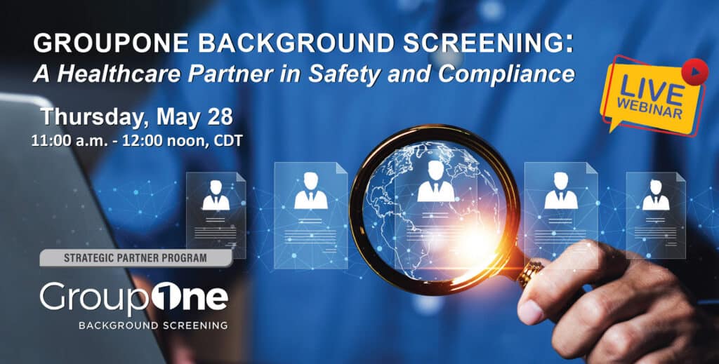 Banner for Group1ne Background Screening with magnifying glass over globe and profile icons; includes Live Webinar tag and date text in blue gradient background.