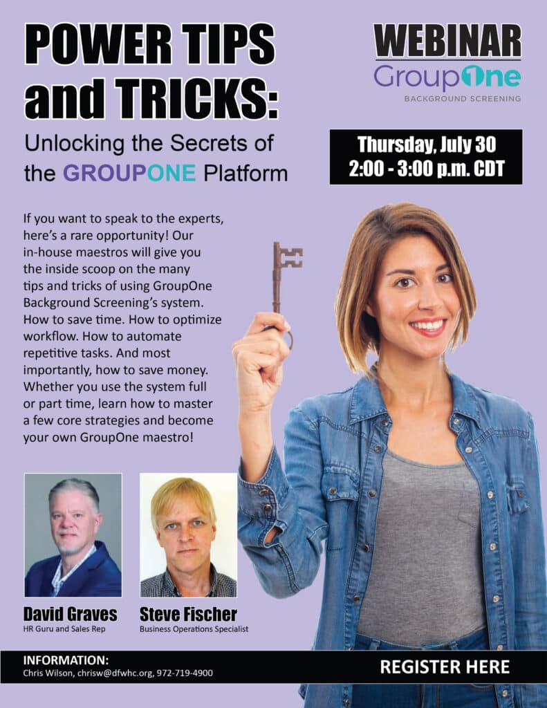 July_30_2026 | GroupOne Services Webinar poster for 'Power Tips and Tricks' about the GroupOne platform; features a smiling woman holding a key on a purple background and the date/time 2:00–3:00 p.m. CDT (July 30).