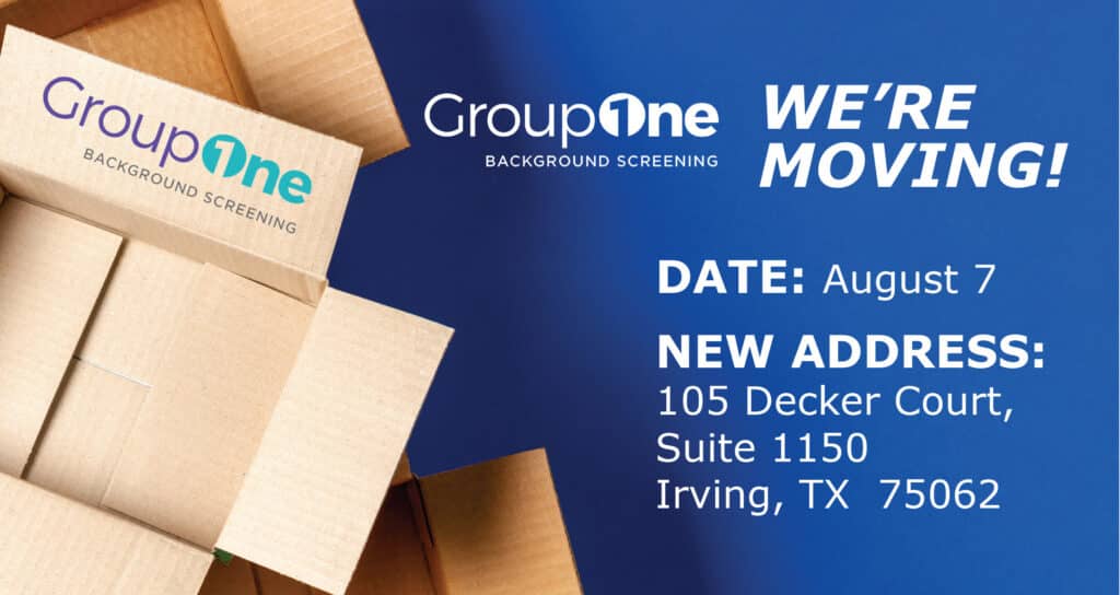GroupOne Background Screening moving notice on blue background with cardboard boxes and a new address listed. This includes the date August 7 and the address.