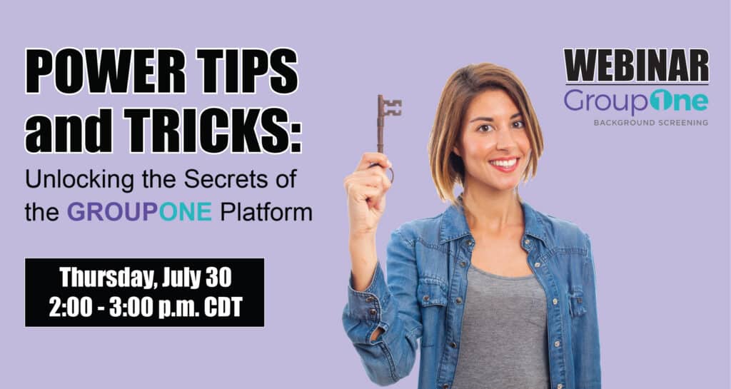 Promo banner for a webinar: a smiling woman holds a vintage key on a lavender background with bold 'Power Tips and Tricks' text and GroupOne logo behind her.