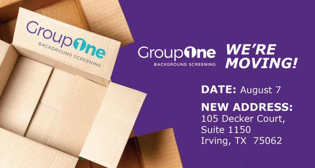 GroupOne Moving notice on purple background with moving boxes and the date August 7 and new address details nearby.