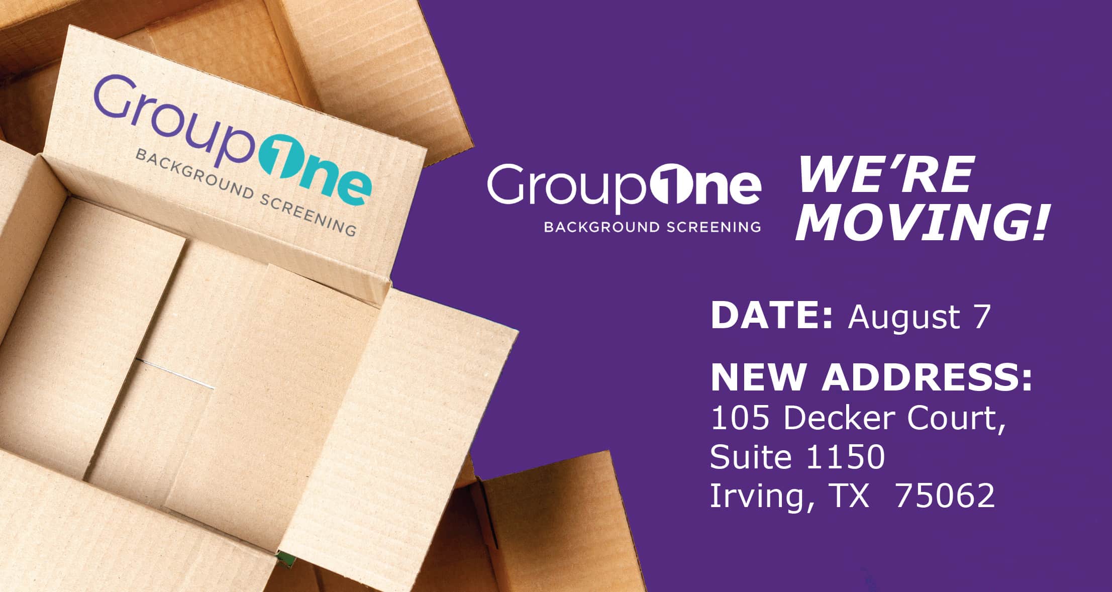 GroupOne Moving notice on purple background with moving boxes and the date August 7 and new address details nearby.