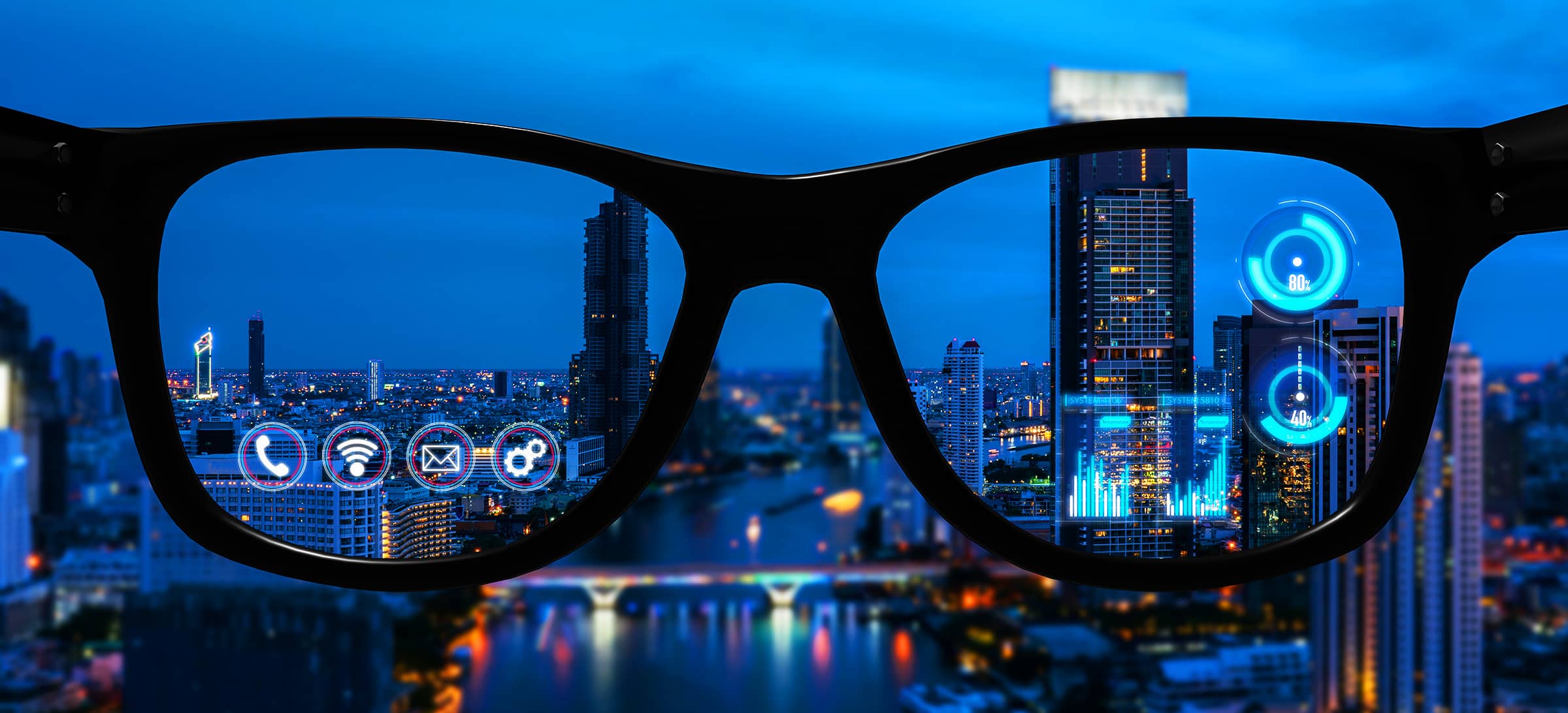 City skyline viewed through oversized black glasses with holographic blue icons and gauges overlaid in the lenses.